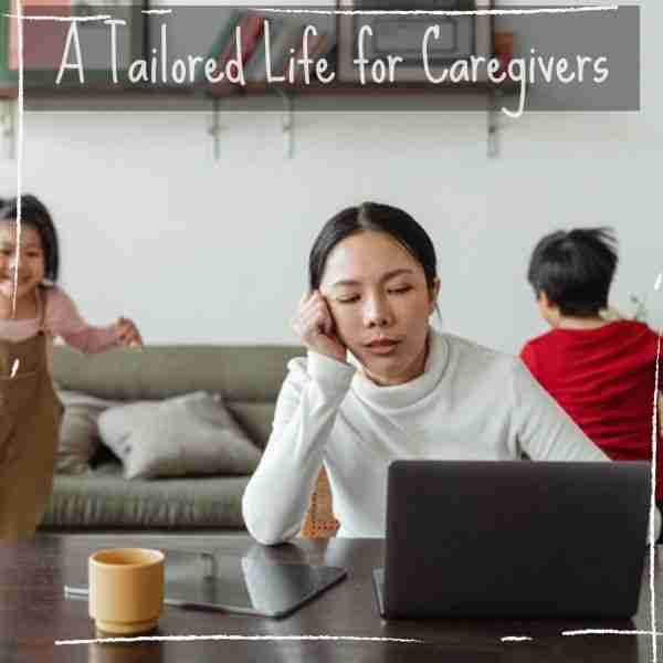 tired woman working on a laptop with two children running in the background symbolizing self coaching for busy people