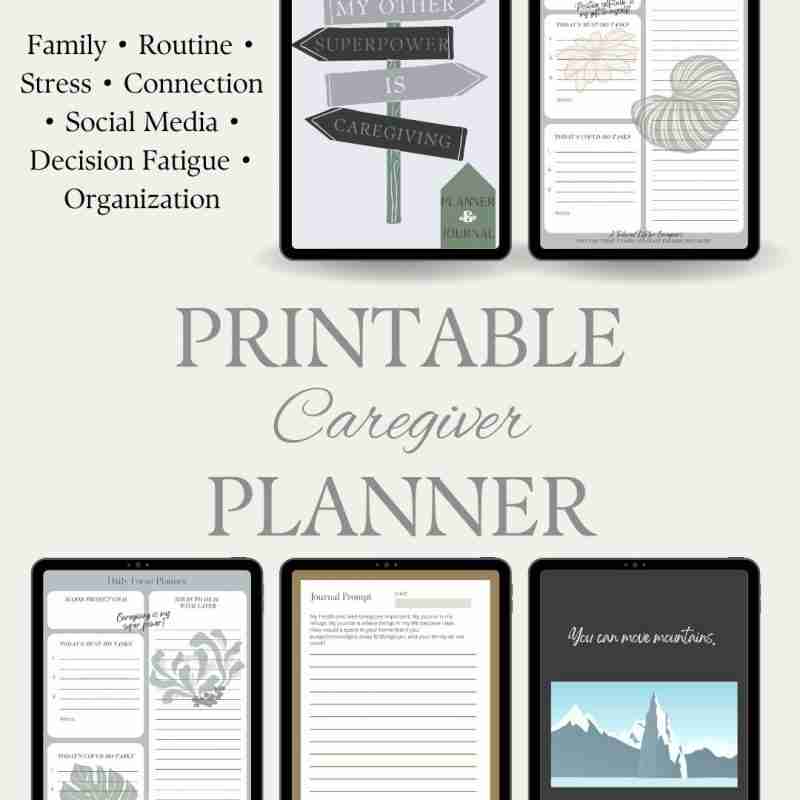 6 iPads each with a different page of the printable caregiver planner