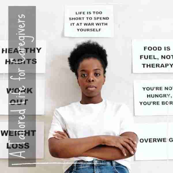 woman surrounded by signs listing healthy habits to symbolize how to embrace healthy habits