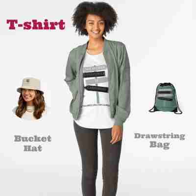 woman wearing the hat, t-shirt, and drawstring bag