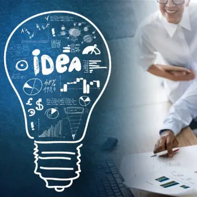 light bulb and people looking at a stack of pages with million dollar ideas