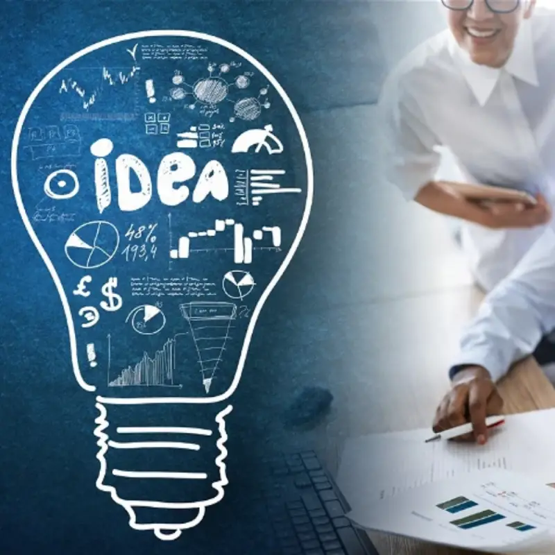 light bulb and people looking at a stack of pages with million dollar ideas