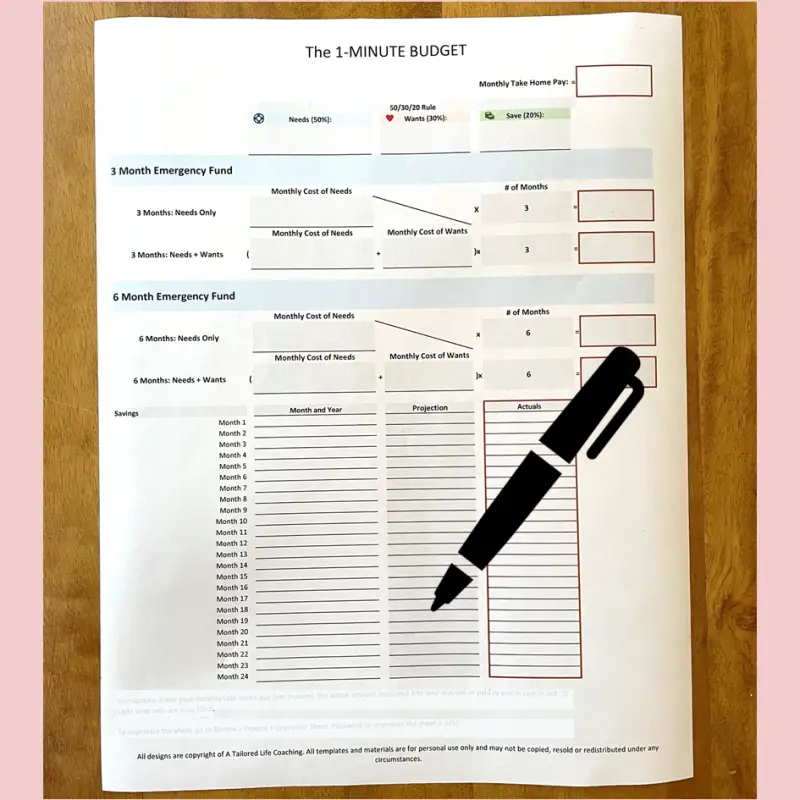 printed version of the 1-Minute budget printable